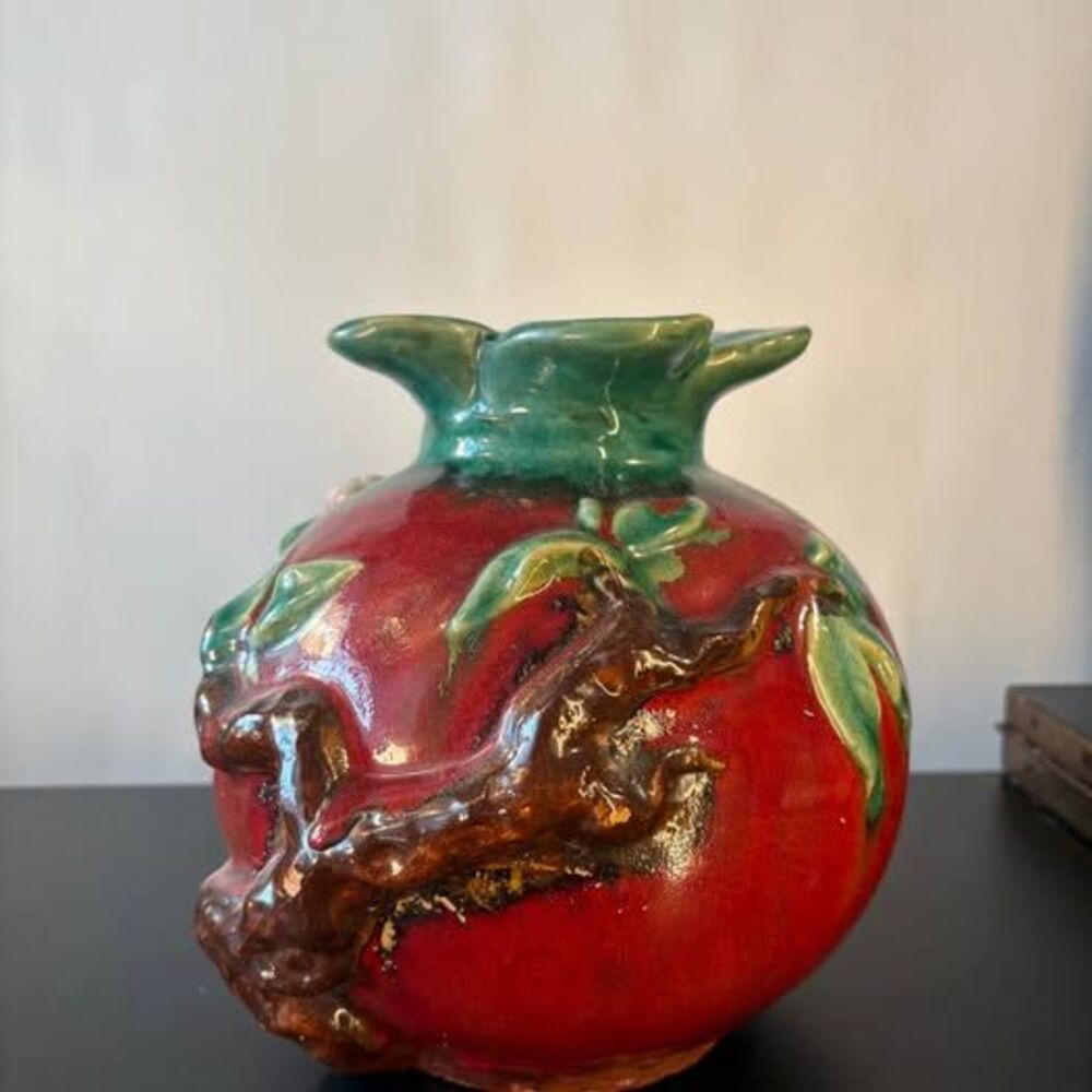1970s Pomegranate Majolica Style Vase